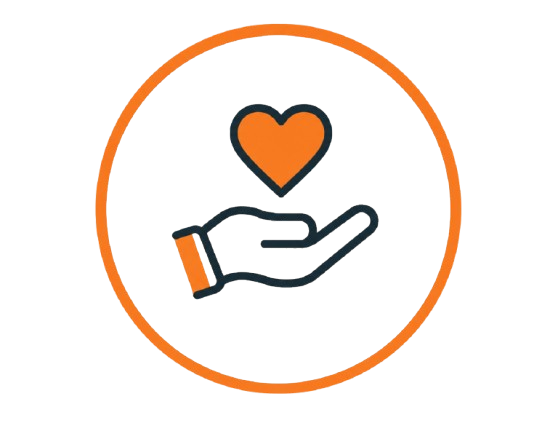 Hand holding a heart, inside an orange circular outline, symbolizing care and support.