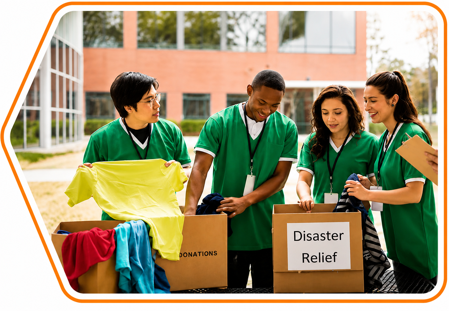 Four volunteers in green shirts sort clothing donations into boxes labeled Disaster Relief outside a brick campus building.