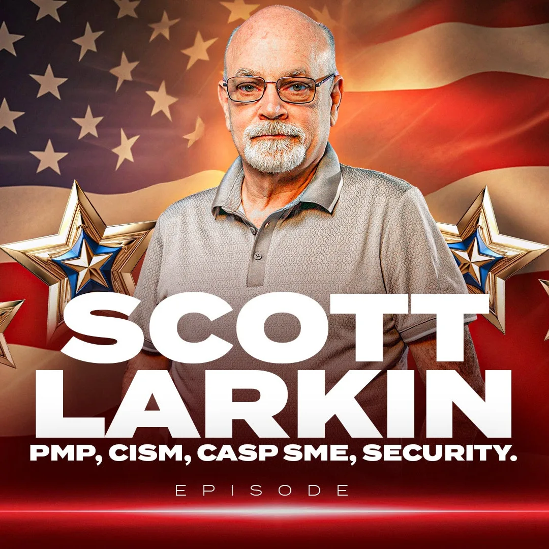 Promotional poster: man in a gray polo stands in front of an American flag with gold star decorations; text promotes a security-themed episode (PMP, CISM, CASP SME, SECURITY).