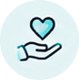 Icon of a hand cradling a blue heart, representing care and support.