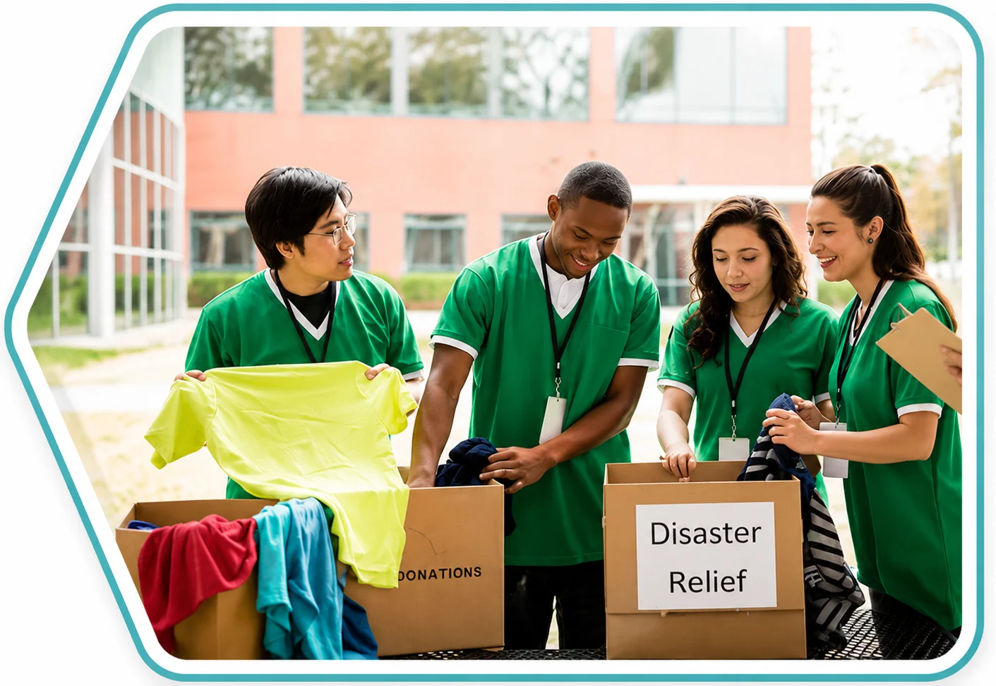 Group of four volunteers in green scrubs sorting donated clothes for disaster relief outdoors.