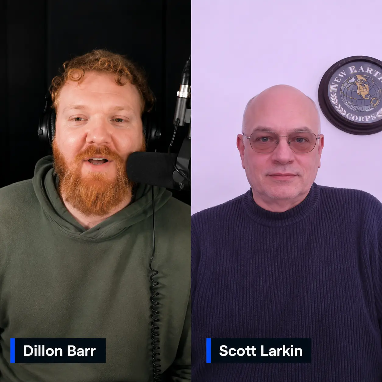Split-screen podcast scene: left man with red beard in a green hoodie speaks into a microphone with headphones; right man in a dark sweater sits before a wall with a round emblem.