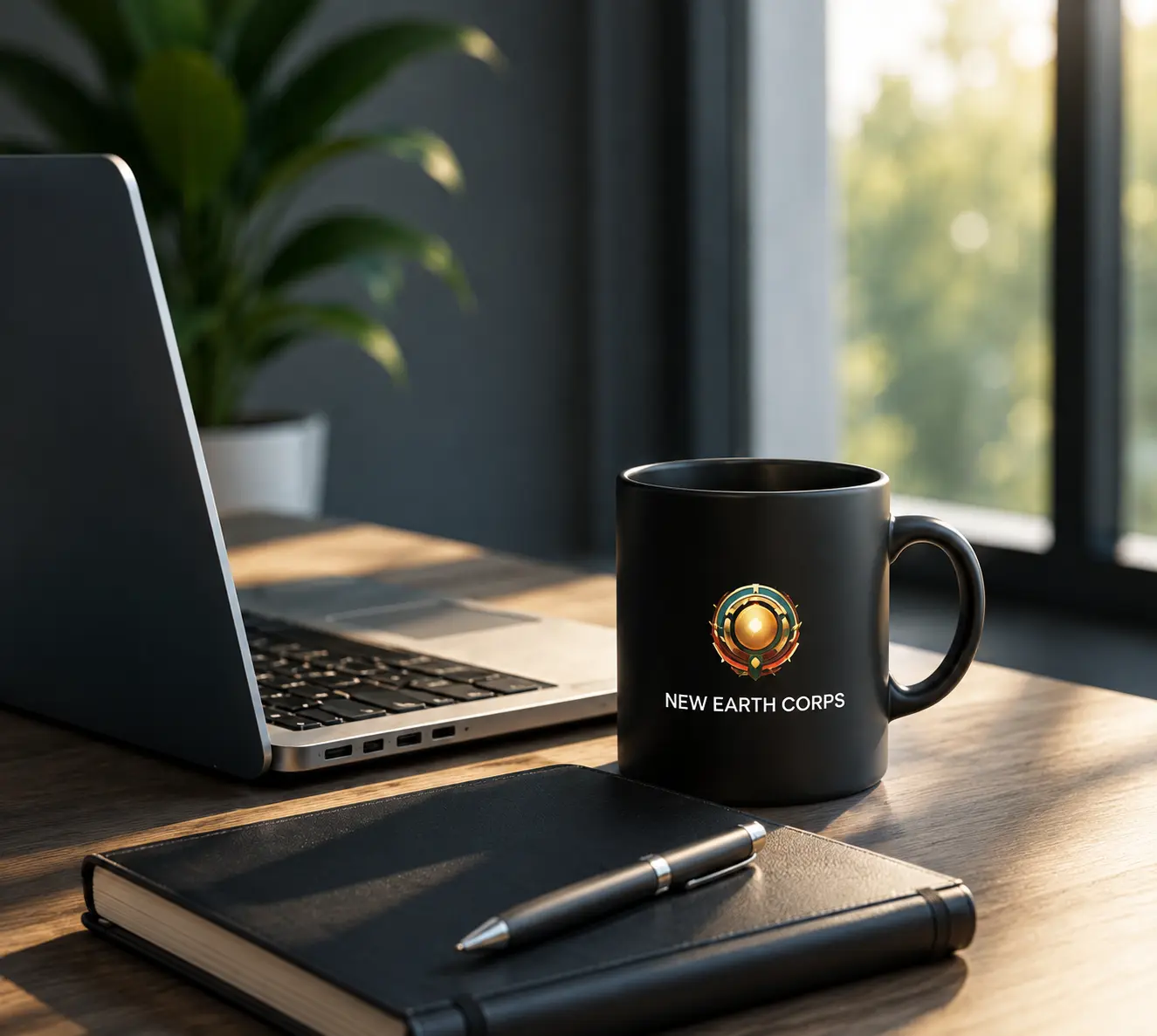 Black mug with the New Earth Corps logo sits on a wooden desk next to a laptop and a closed notebook.