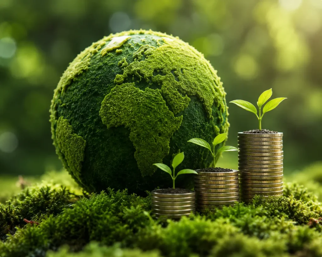 Moss-covered globe beside stacked coins with small plants growing, symbolizing sustainable growth and eco finance.