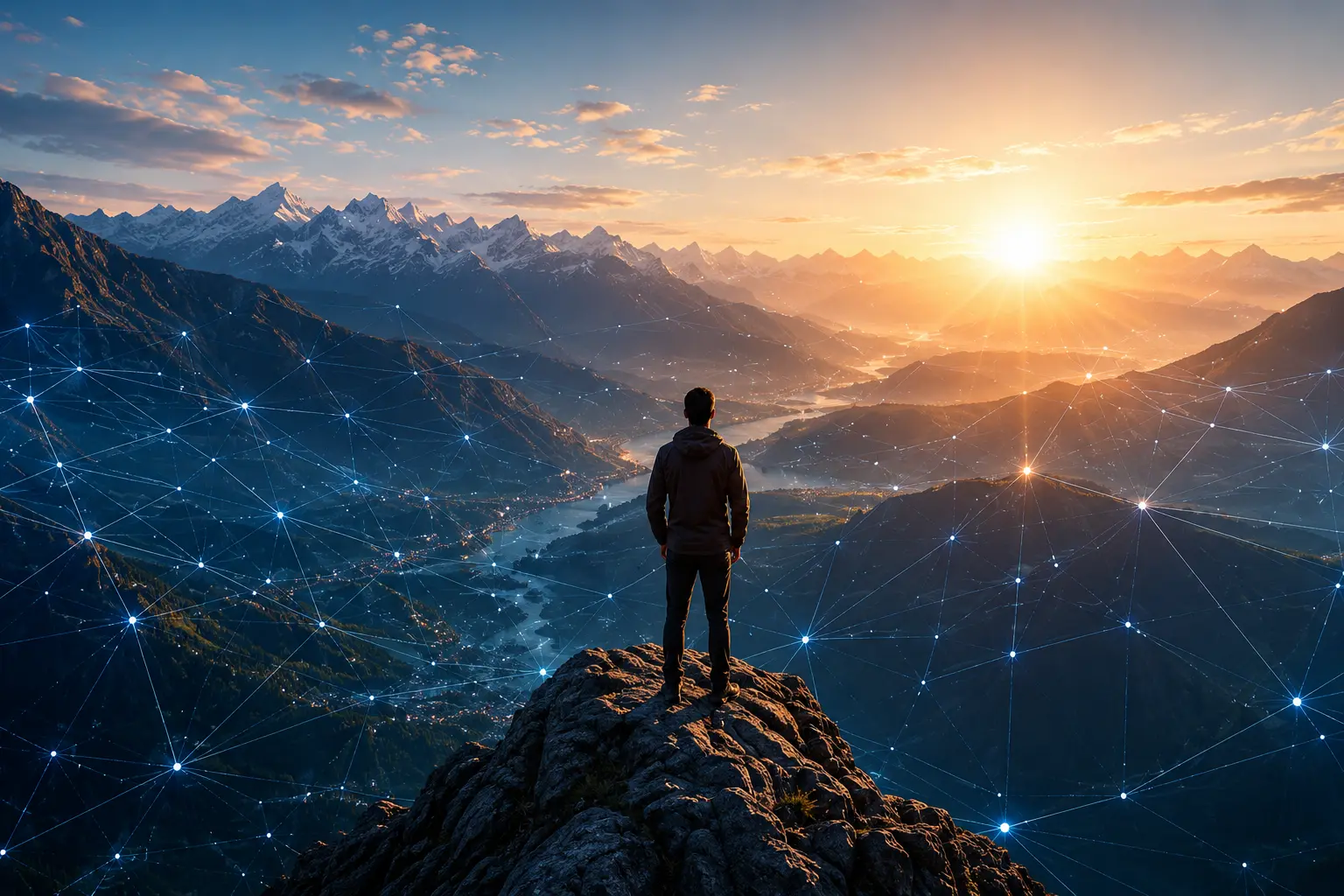 Person standing on a rocky mountaintop at sunrise, with a blue interconnected network of glowing nodes overlaying the landscape.