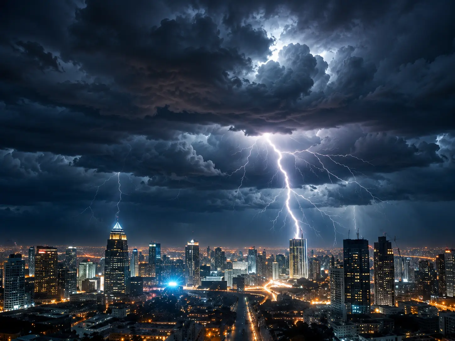 Lightning bolts strike over a glowing city skyline at night during a storm.