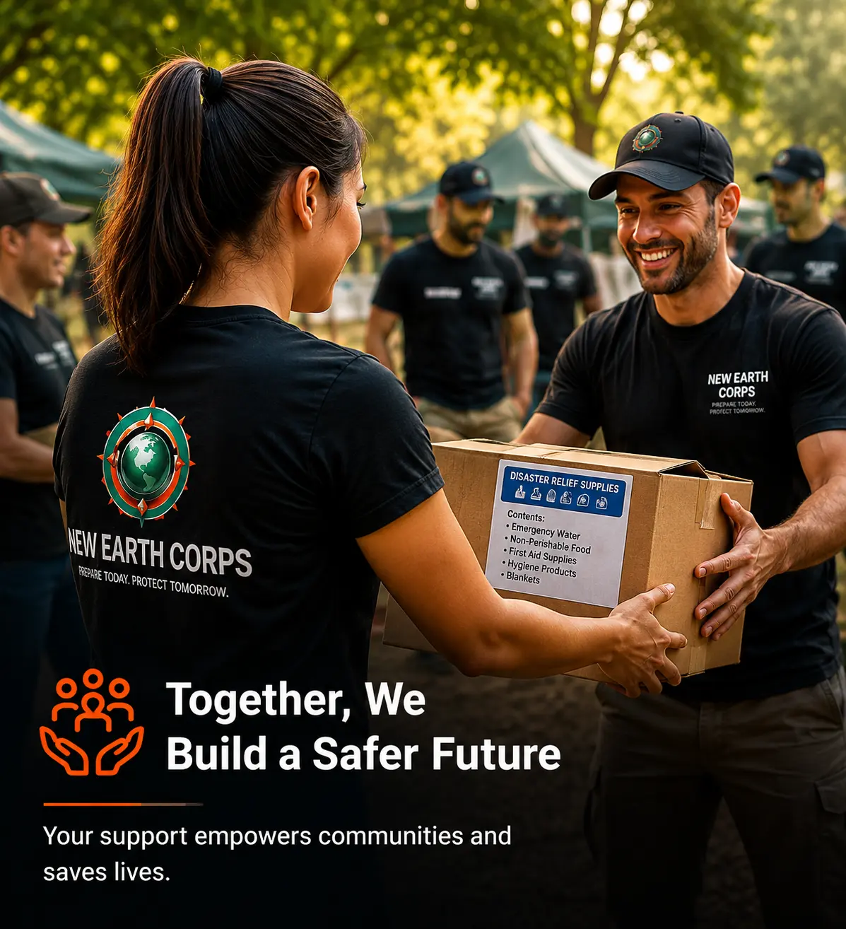 Volunteers from New Earth Corps hand a box of disaster relief supplies at an outdoor aid event.