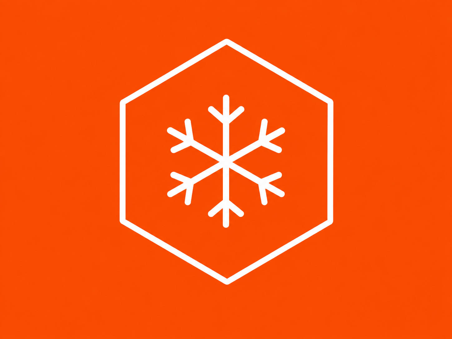 White snowflake inside a hexagonal border on an orange background.