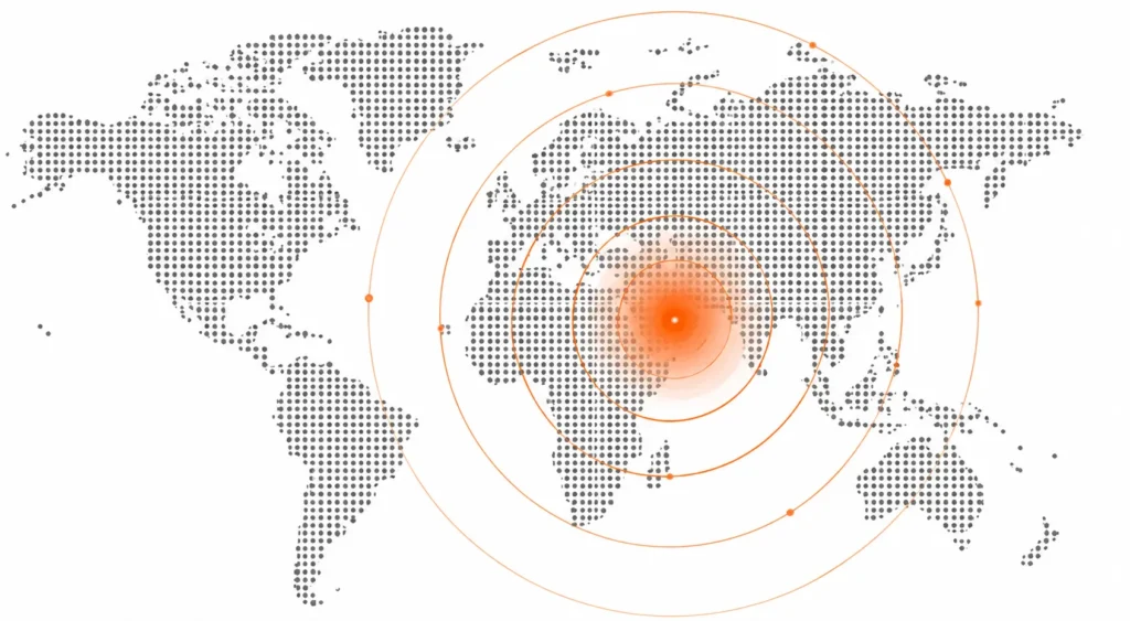 World map in gray dots with orange concentric rings ending at a bright orange center near Southeast Asia, suggesting an earthquake epicenter