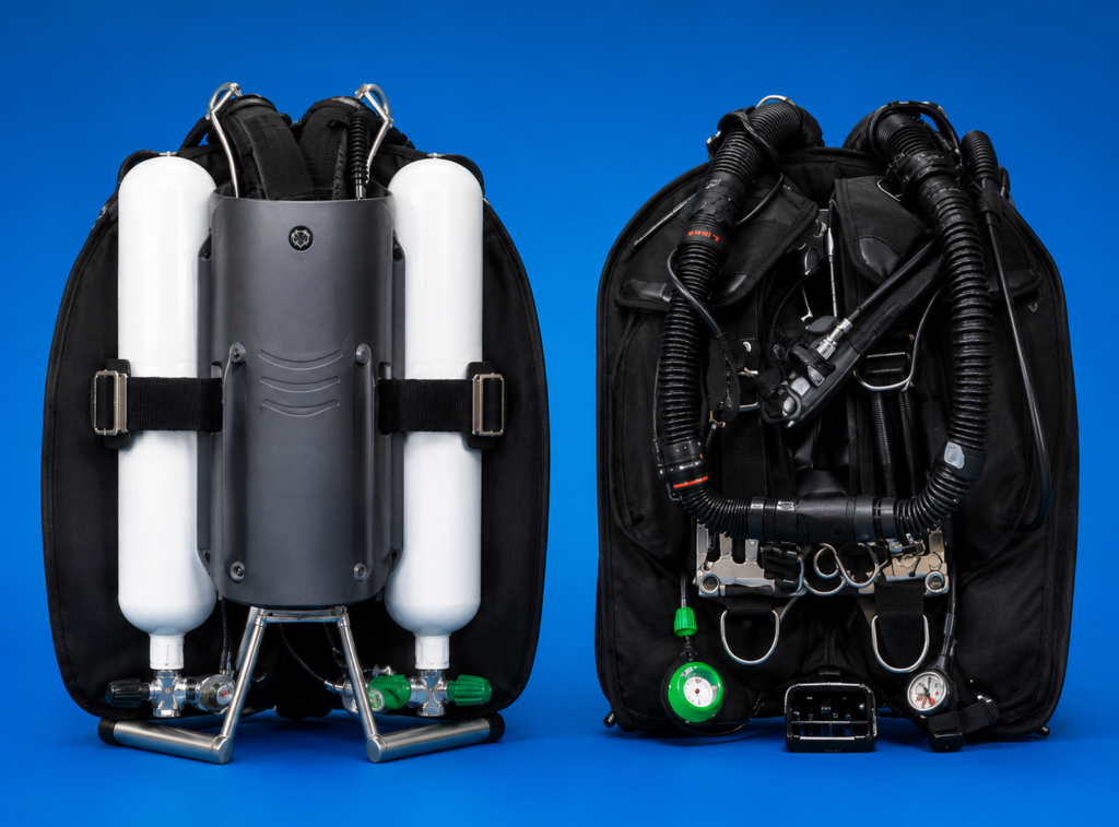 Twin scuba diving backpacks with air tanks, regulators, and gauges on a blue background (left and right setups)