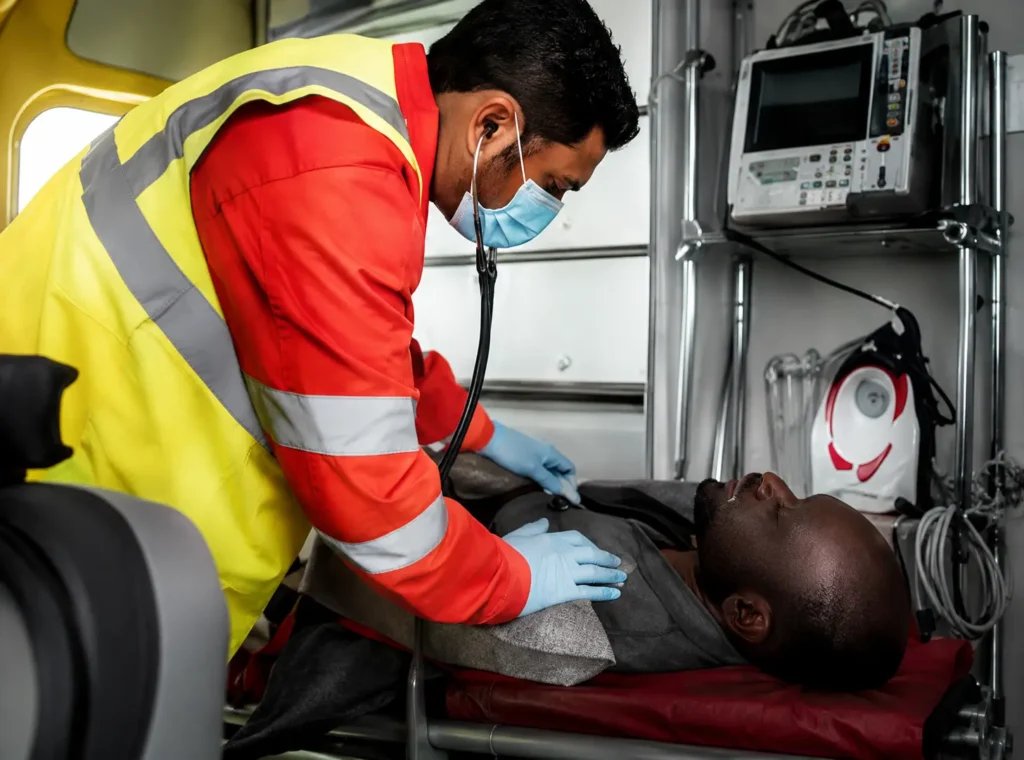 Paramedic in a high-visibility jacket using a stethoscope to check a patient lying on a stretcher inside an ambulance.