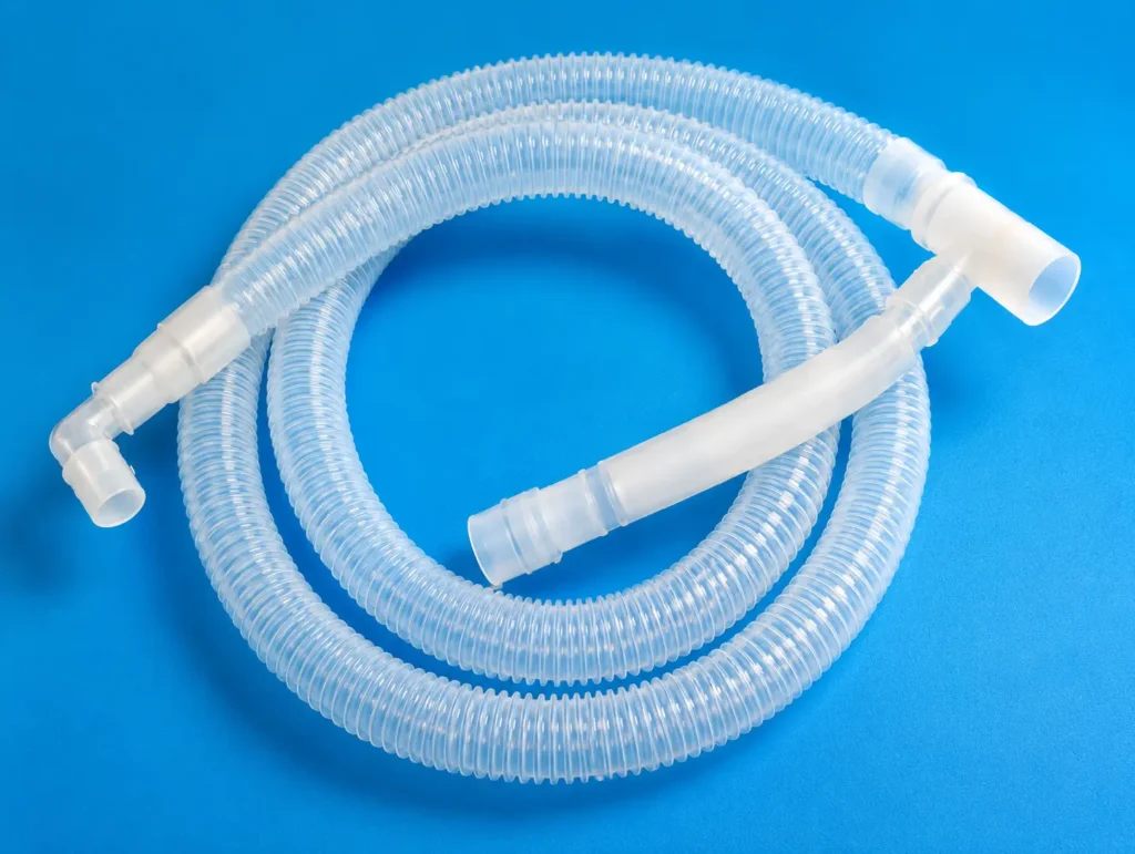 Coiled clear corrugated medical ventilation hose with white end connectors on a blue background