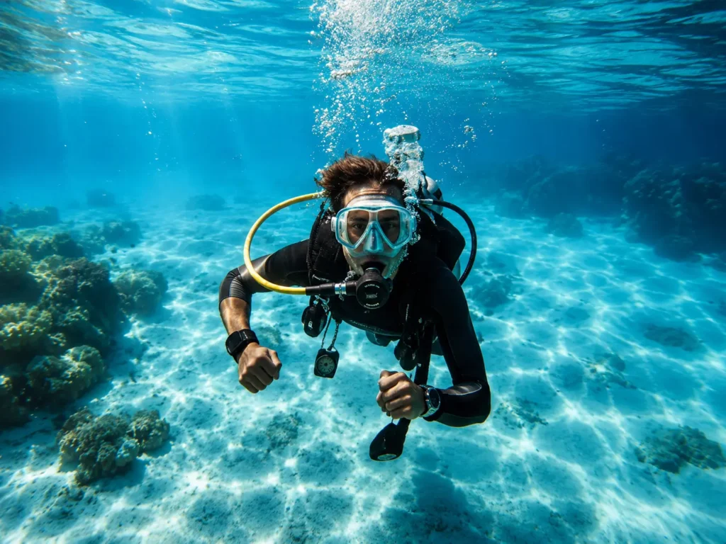 Scuba diver in a black wetsuit swimming underwater near a coral reef, wearing mask and breathing regulator.