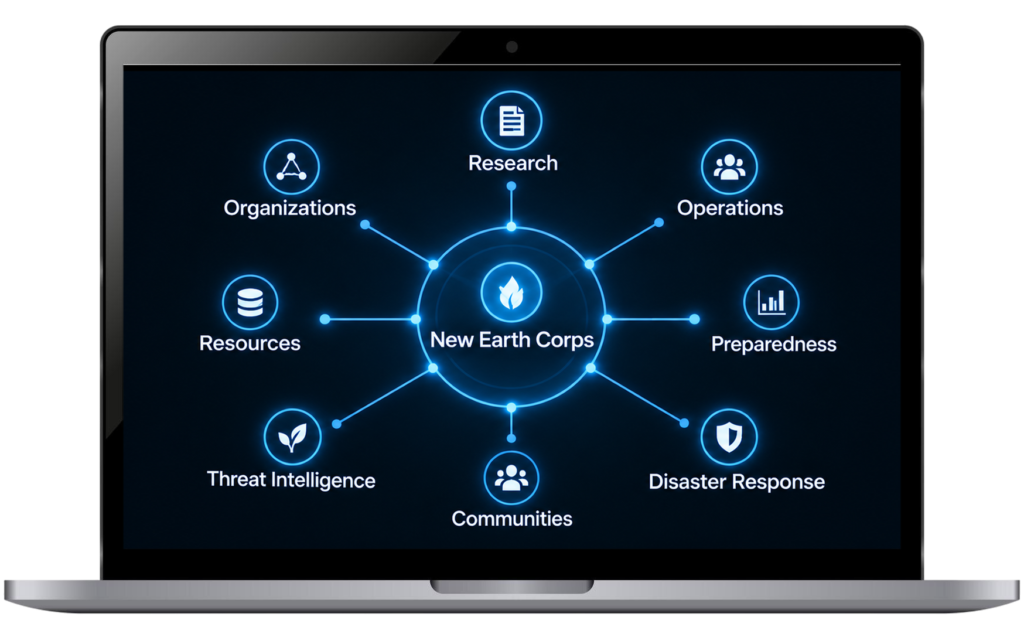 Infographic diagram with a central 'New Earth Corps' hub connected to eight categories: Organizations, Resources, Threat Intelligence, Communities, Research, Operations, Preparedness, Disaster Response.