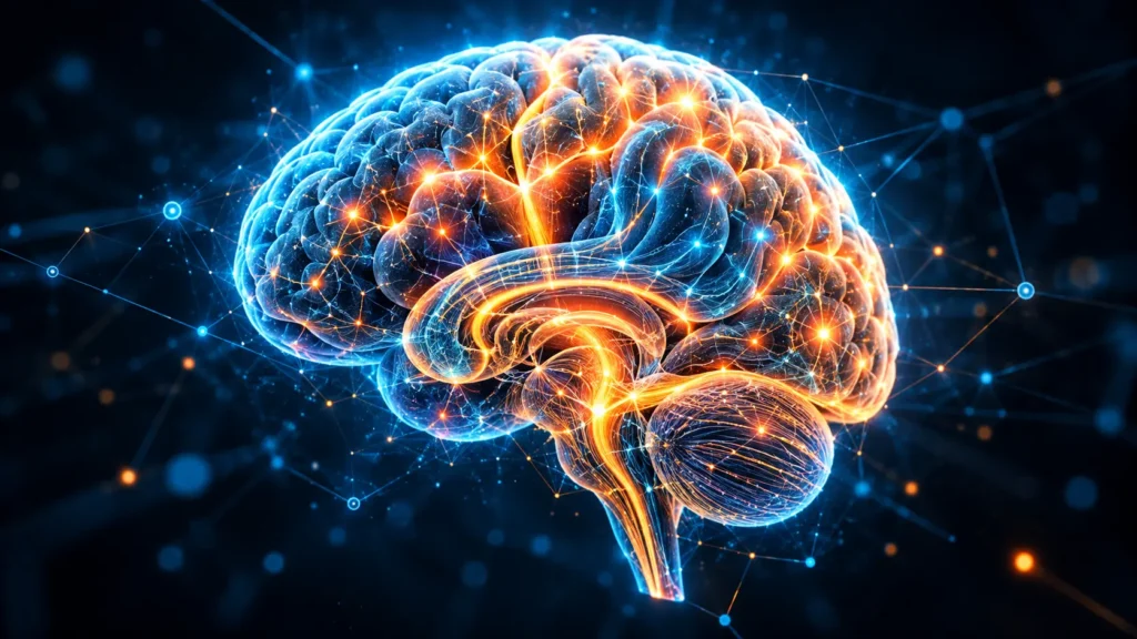 Colorful neon brain illustration showing neural networks and connections.