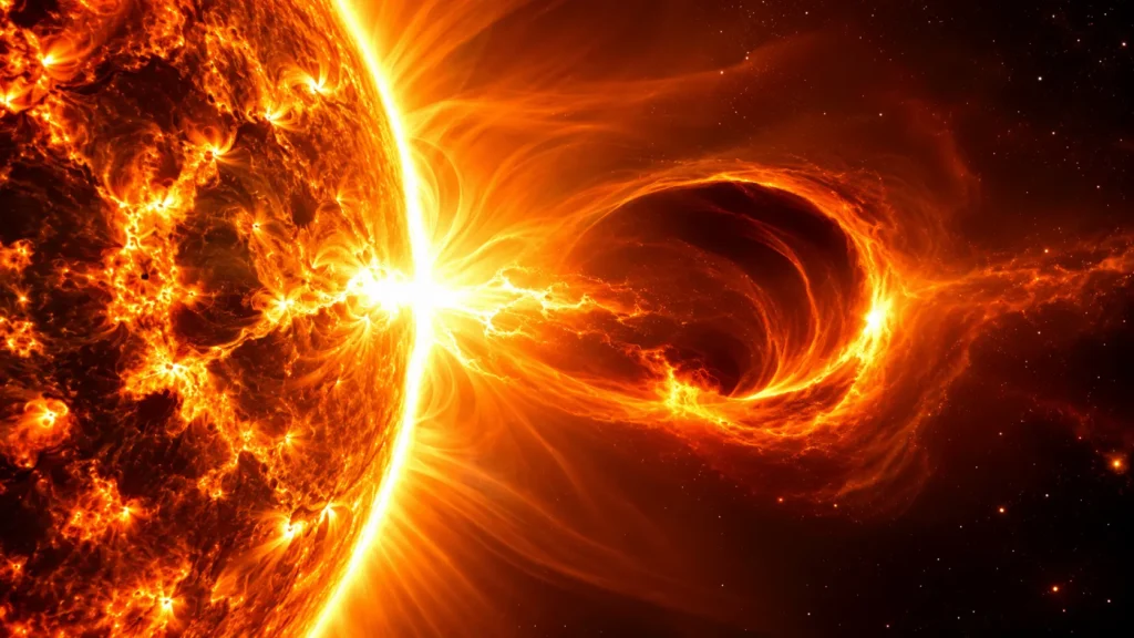 Close-up of the Sun with a bright solar flare and curling plasma loops stretching into space