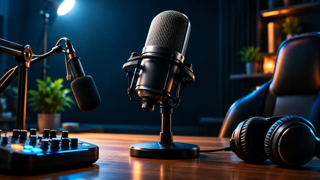 Podcast recording setup with a central microphone, headphones, and a mixer on a wooden desk in a studio environment.