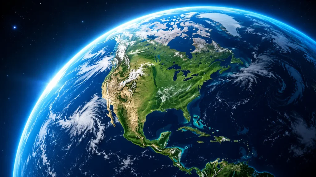 Earth from space focusing on North America and the Caribbean, with blue atmosphere glow and cloud cover