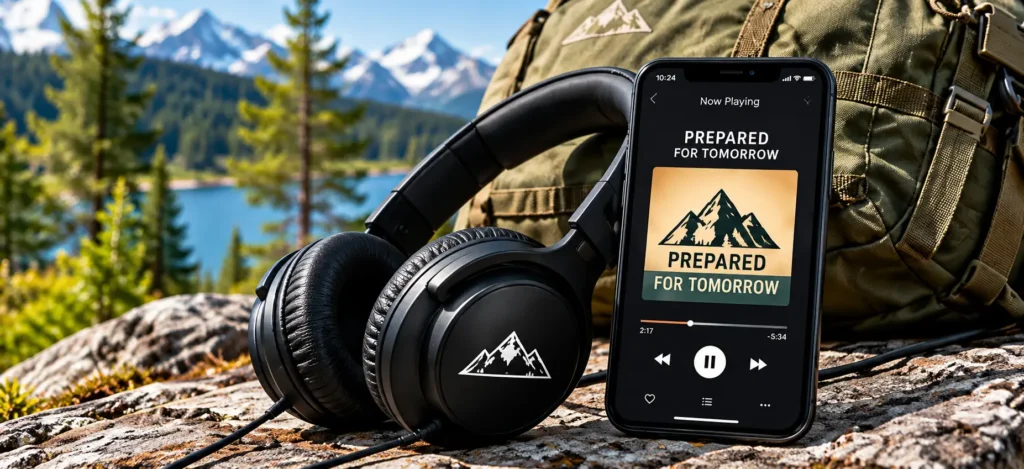 Black over-ear headphones resting on a rock beside a smartphone playing a 'Prepared for Tomorrow' track against a mountain landscape backdrop in the outdoors.
