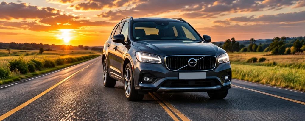 Blue Volvo SUV driving on a two-lane countryside road at sunset, warm golden fields and a glowing sky behind it this evening.