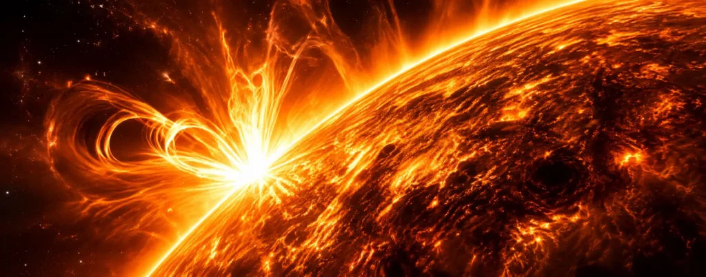 A bright solar flare erupting from the Sun's surface with fiery plasma arcs and sunspots visible across the disk, in orange and gold hues.