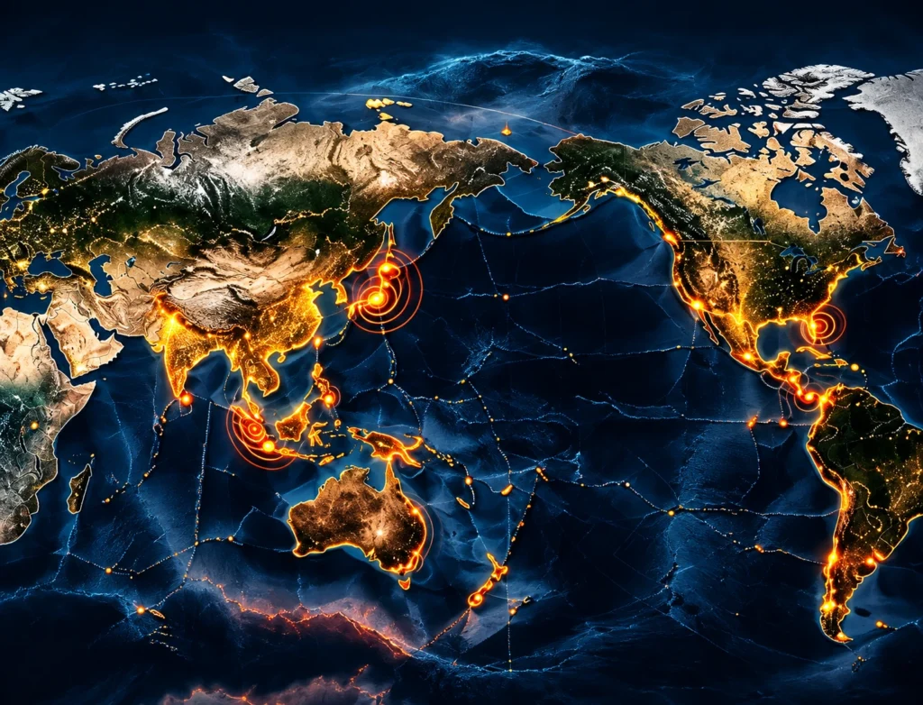 Stylized world map at night with glowing orange network lines and circular hubs across Asia-Pacific.