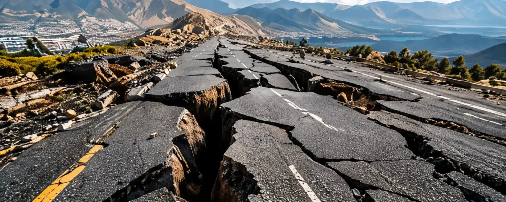 Cracked, earthquake-damaged highway stretching toward distant mountains and a town below.
