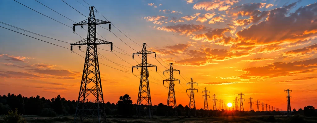 Silhouetted high-voltage transmission towers and wires against a colorful sunset sky over a flat landscape .