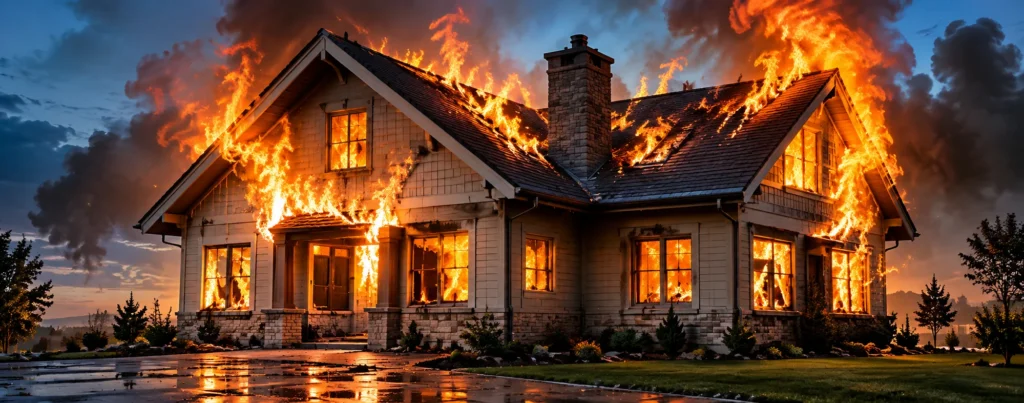 Two-story house on fire at dusk, flames erupting from windows and roof with dark smoke in the sky