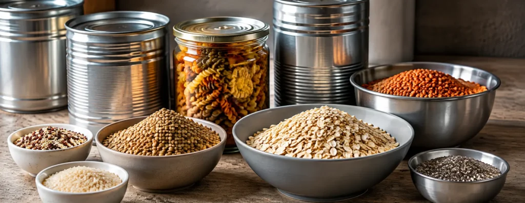 Assorted grains and pastas in bowls and jars on a wooden surface (oats, barley, quinoa, lentils, chili flakes) with metal canisters in the background