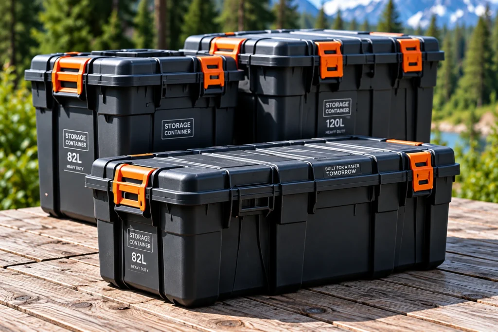 Three black storage containers with orange latches sit on a wooden table outdoors, labeled 82L heavy-duty storage containers in a scenic forest setting.