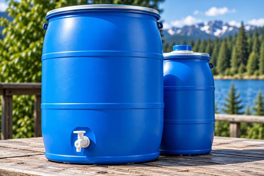 Two large blue plastic water barrels with a spigot on a weathered wooden surface, overlooking a lake and forested mountains in the distance.
