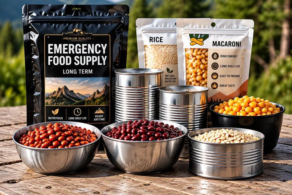 Emergency food supply package with long-term storage bags, canned goods, and bowls of beans and corn on a wooden table outdoors.
