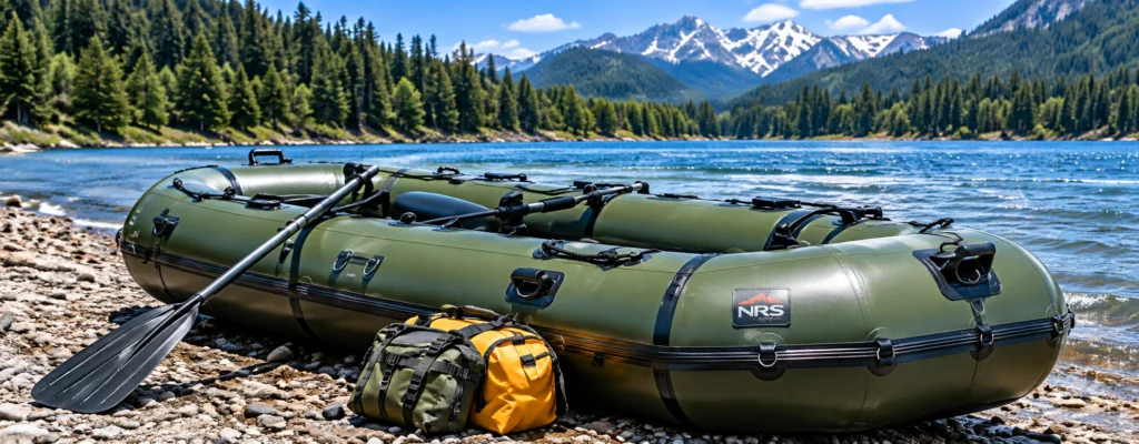 Olive inflatable raft with paddles and gear on a rocky lakeshore, forested hills and snow-capped mountains in the background.