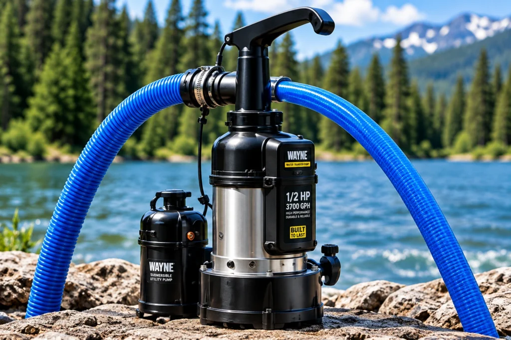 Portable Wayne water transfer pump on rocky shore with a blue hose, lake and pine trees in the background.