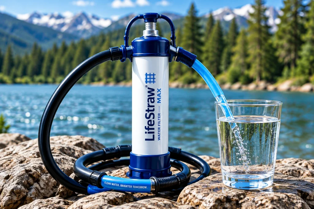 LifeStraw Max water filter setup by a lakeside on rocky shore, with clear blue water and forest in the background.