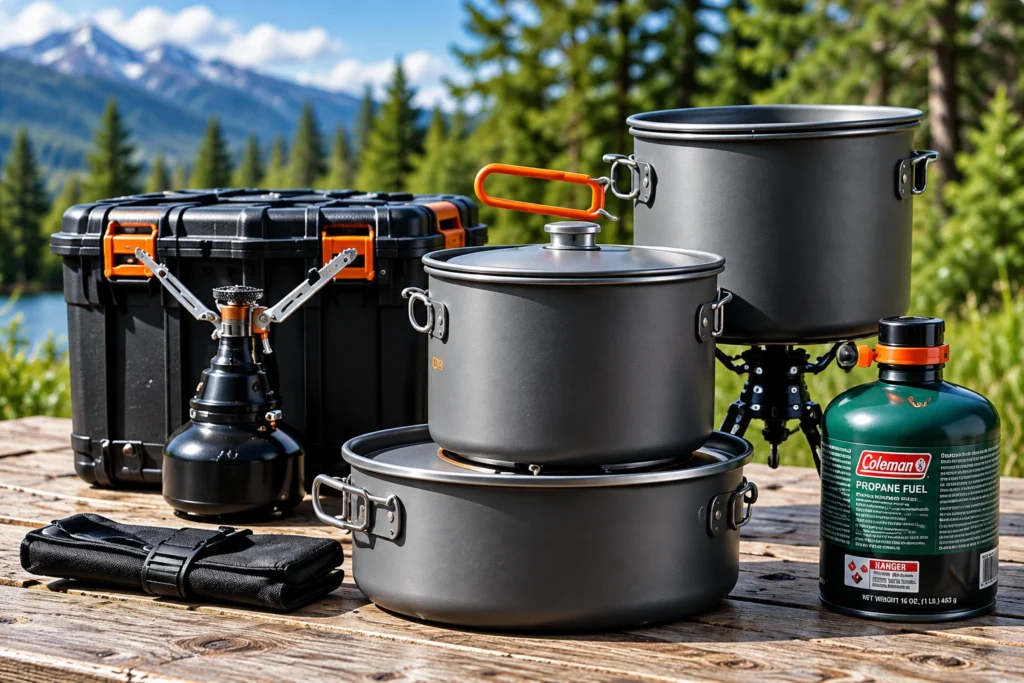 Outdoor camping cooking set on a wooden table with pots, stove, propane canister, and gear case against a forested mountain backdrop.