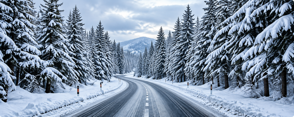 Snow-covered mountain road winding through a dense evergreen forest.