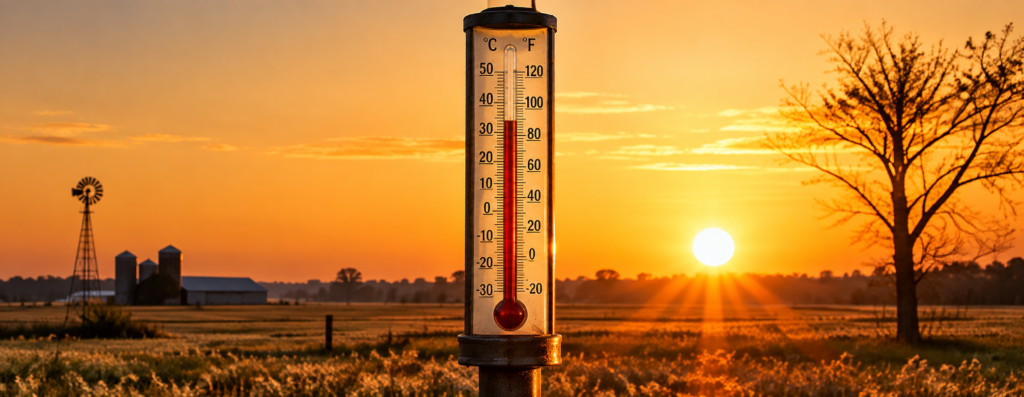 Thermometer on a post in a rural farm at sunrise, with a windmill, barn silhouettes, and an orange sky in the background.