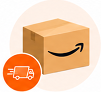 Amazon box with the smile logo on a pale circular backdrop, with a small orange delivery truck icon overlay.