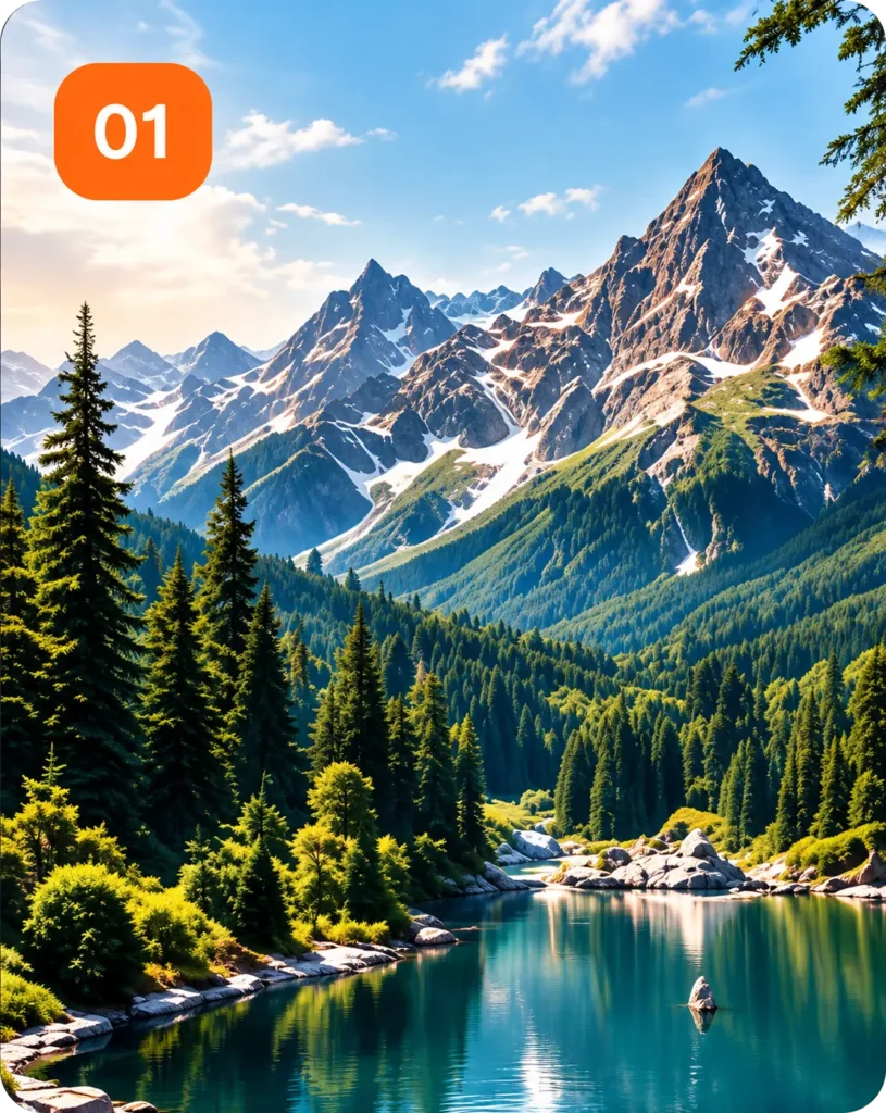 Snow-dusted jagged mountains rise over a dense evergreen forest and a calm turquoise lake; orange '01' badge in the top-left corner.