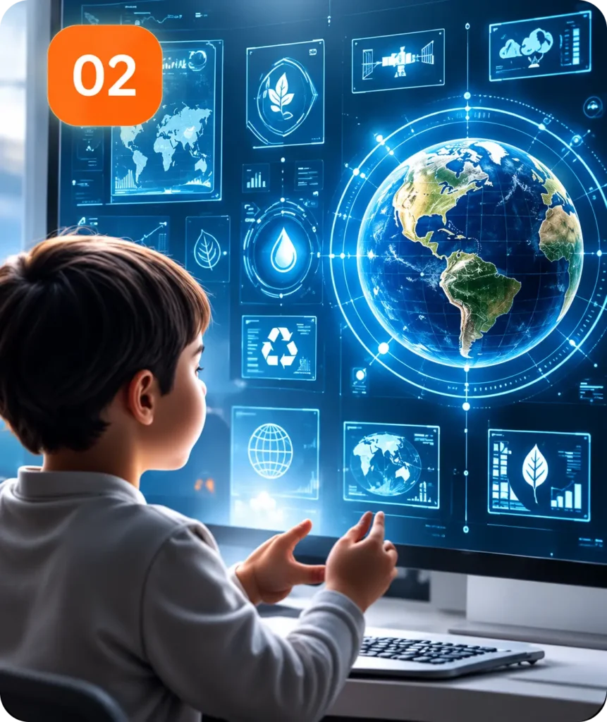 Young child viewing a holographic Earth and environmental data on a large touchscreen surface.