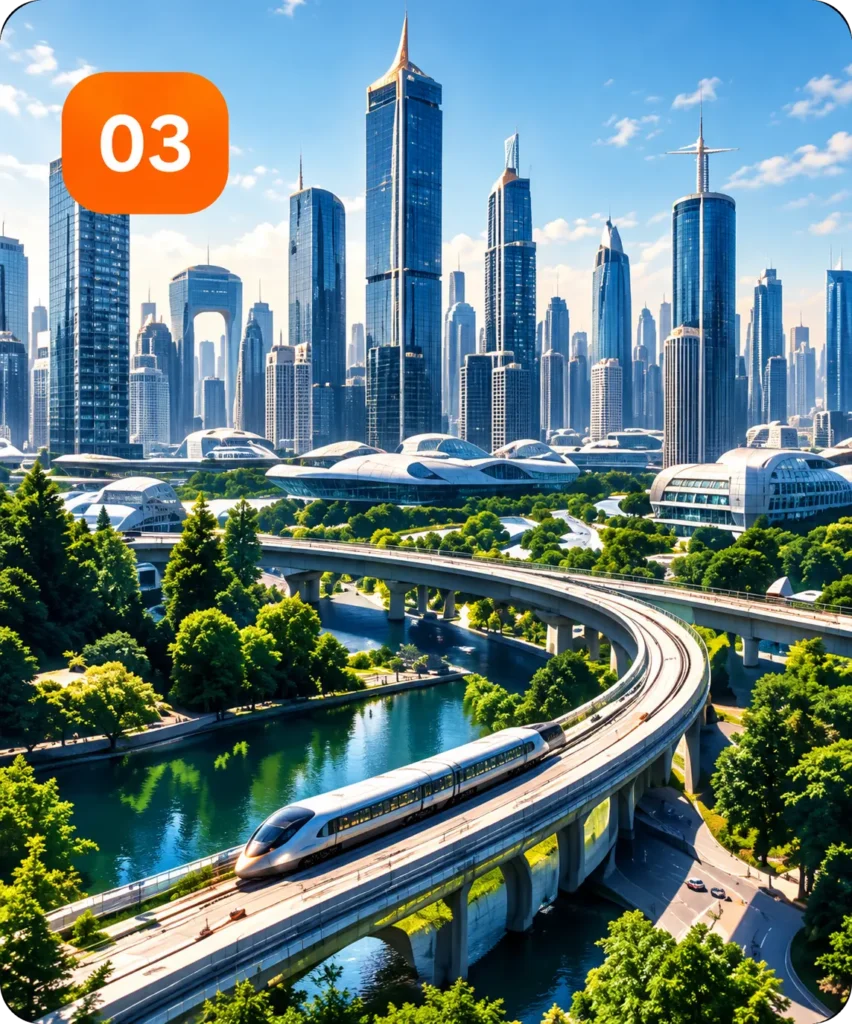 Futuristic cityscape with an elevated monorail over a river and lush green parks; orange '03' badge in the top-left corner.