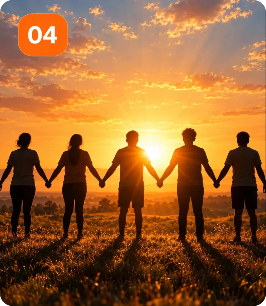 Five people stand in a field at sunset, holding hands, with sun rays behind them and a Step 04 badge in the corner.