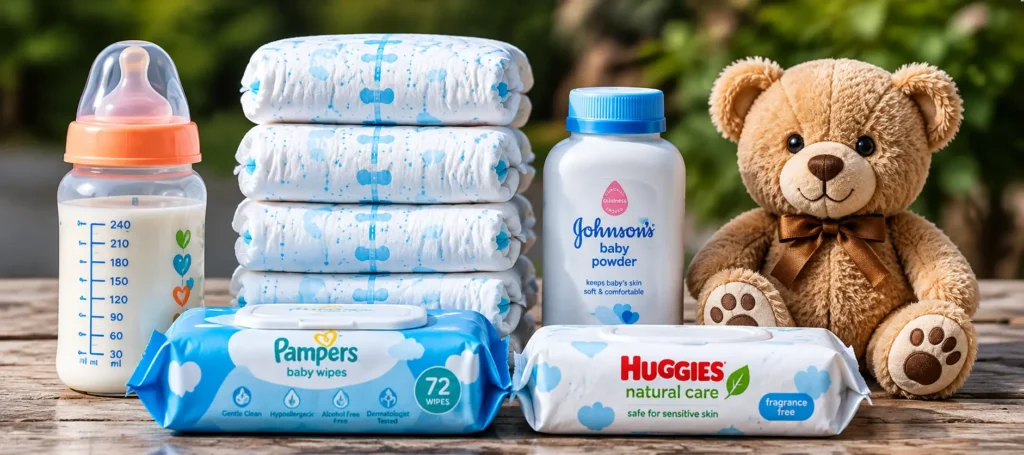 Baby care products on a wooden surface: milk bottle, stacked diapers, Pampers wipes, Johnson's baby powder, Huggies wipes, and a plush teddy bear beside them.