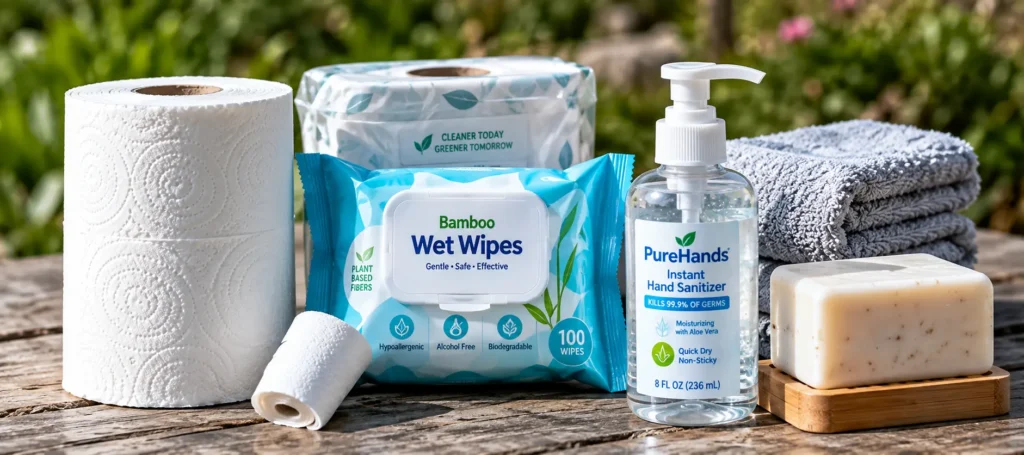 Assortment of eco-friendly cleaning products on a rustic wooden surface: Bamboo Wet Wipes, sanitizer, towels, soap, and paper towels.