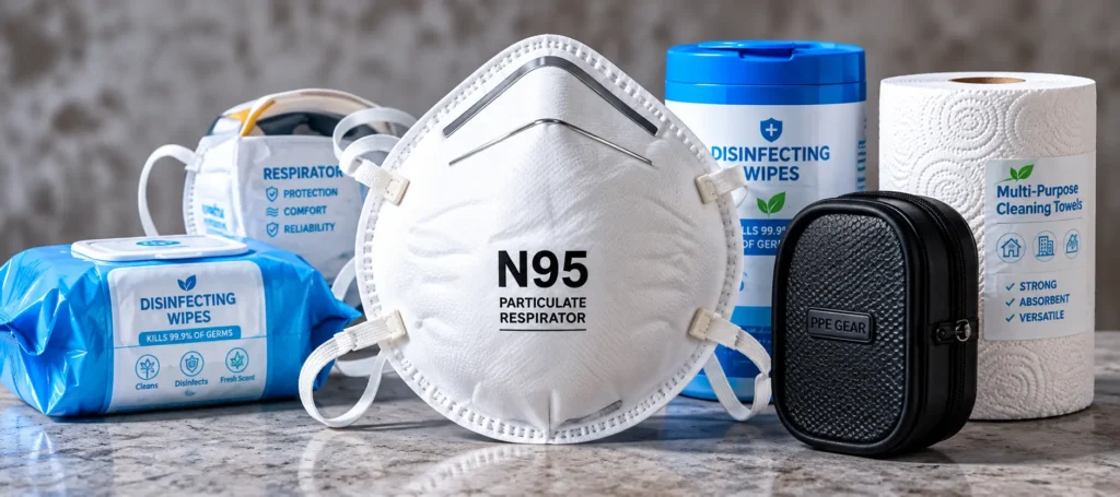 Center-front N95 respirator surrounded by cleaning wipes, toilet paper, and a black PPE gear case on a marble surface.