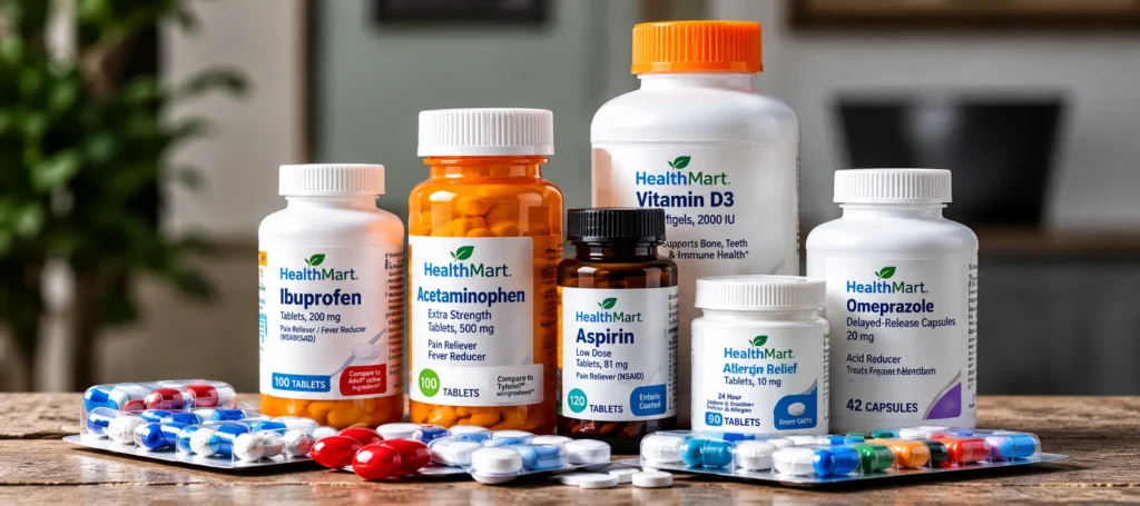HealthMart medicine bottles and blister packs on a wooden table and countertop in the background