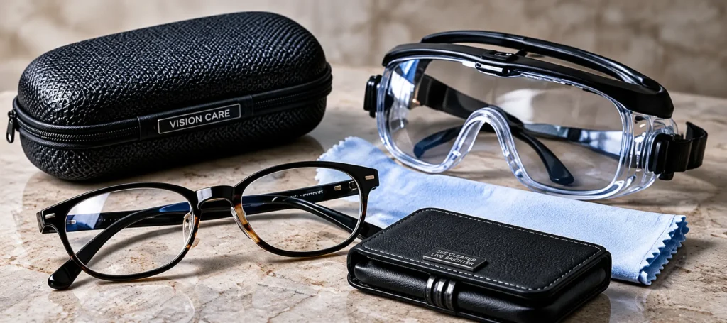 Eyewear collection on a marble surface: glasses, protective goggles, a black Vision Care case, and a light blue cleaning cloth