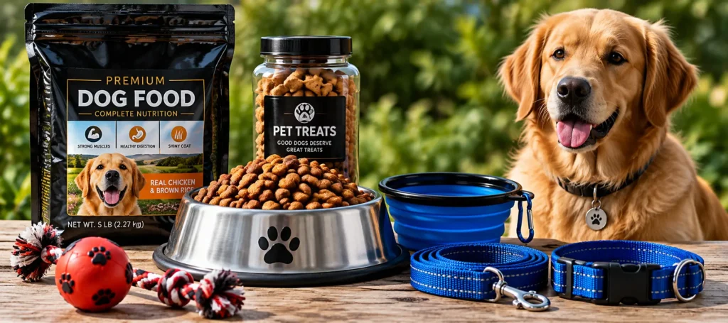 Promotional setup of dog products: premium dog food bag, treat jar, metal bowl with paw print, blue leash, and a golden retriever nearby.